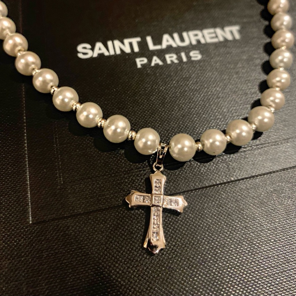 Sterling silver cross pearls necklace